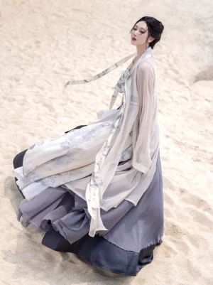 Three-quarter rear view of a modern Song Dynasty Hanfu outfit with wind-blown beizi jacket, flowing sash, layered hem, ink wash print, and gradient wrap skirt
