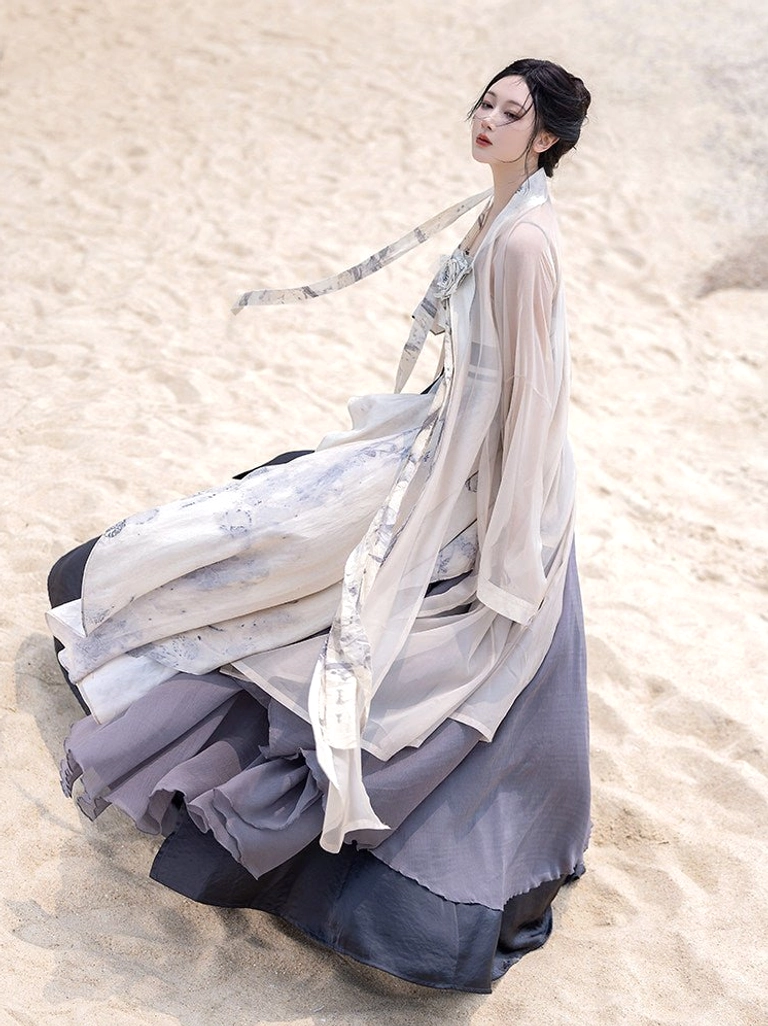 Three-quarter rear view of a modern Song Dynasty Hanfu outfit with wind-blown beizi jacket, flowing sash, layered hem, ink wash print, and gradient wrap skirt