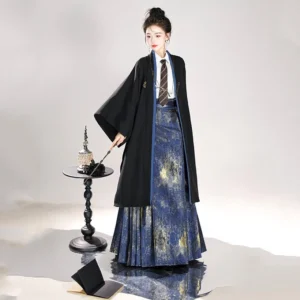 Full front view of modern Song Dynasty style hanfu ensemble featuring black jacket, subtle gold lapel detail, and blue gold pleated mamianqun horse face skirt