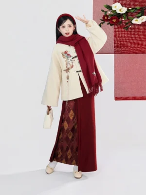 Modern Song Dynasty Hanfu Chinese New Year dress set shown from a front three quarter view with beige embroidered jacket, deep maroon wrap skirt, tassel scarf, red hair accessory, handbag, and festive floral studio styling