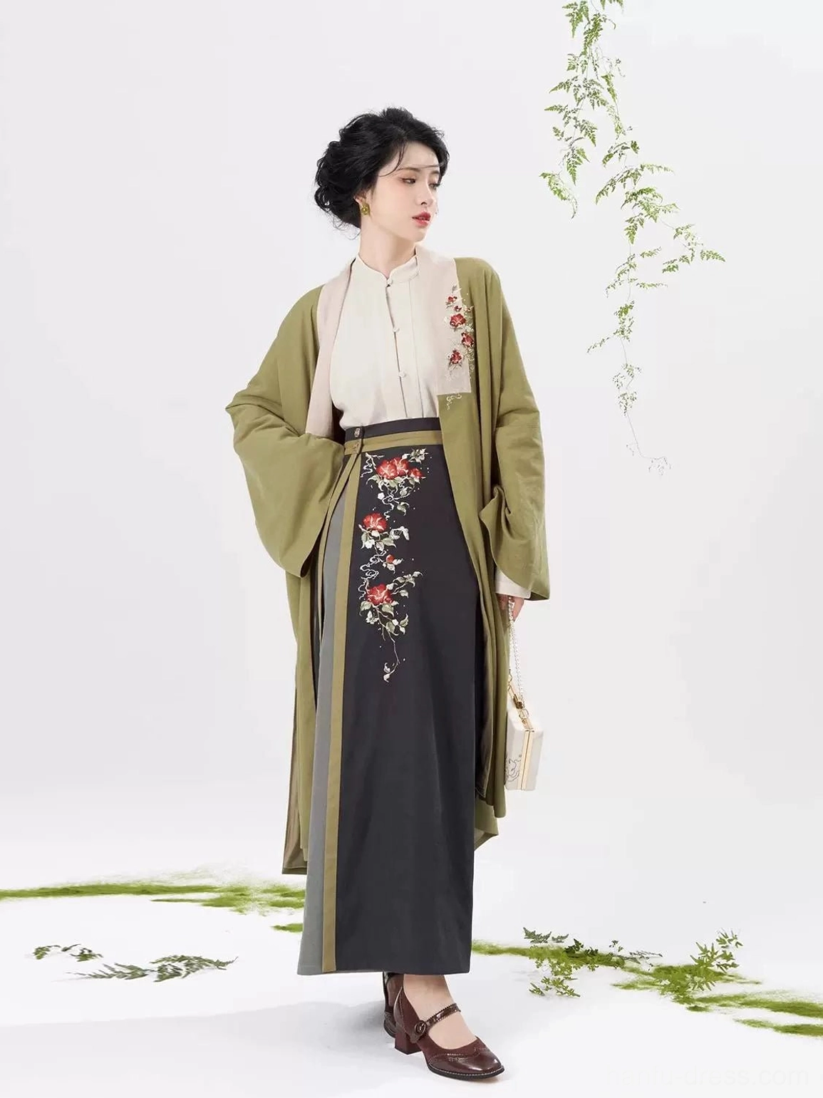 Front standing portrait of complete modern Song Dynasty hanfu outfit with olive coat and embroidered grey skirt