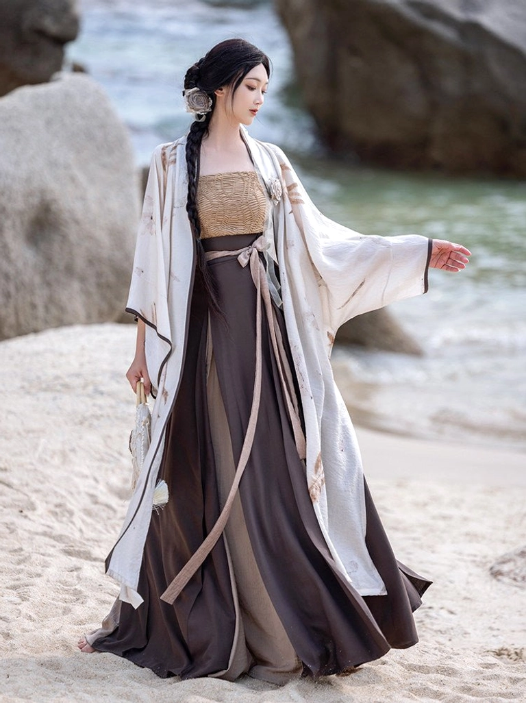 Three-quarter view of modern Song Dynasty Hanfu with contrast-trimmed outer jacket, layered color-blocked skirt, and botanical earthy styling