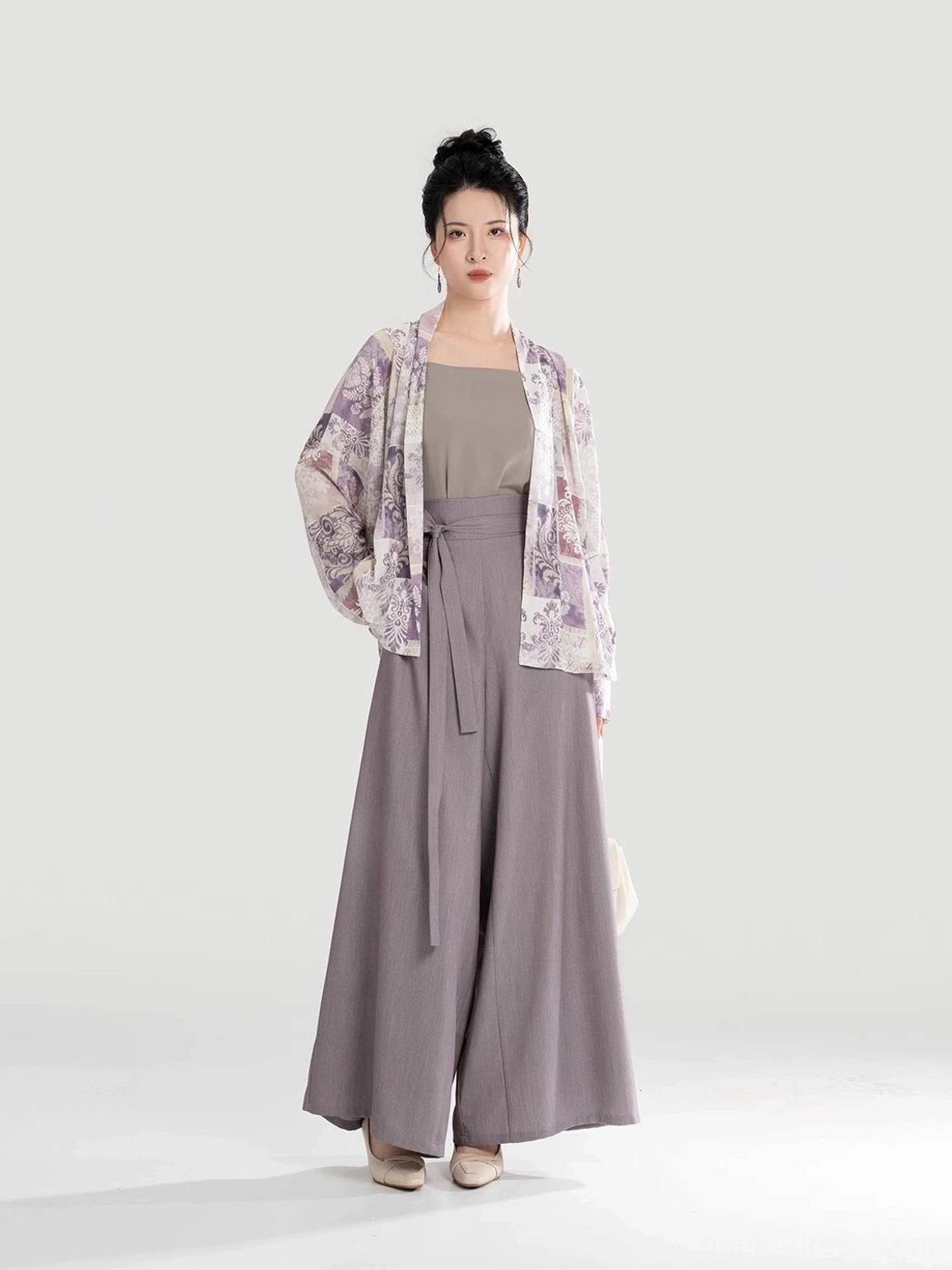 Modern Song Dynasty Hanfu set with cropped cross-collar printed top taupe camisole and matching relaxed wide-leg bottoms