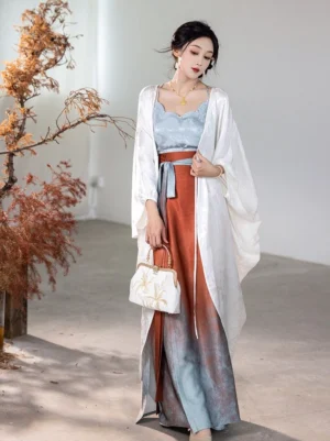 Modern Song Dynasty Hanfu fairy outfit featuring a light blue scalloped camisole, flowing ivory cardigan, and ombre spiral wrap skirt