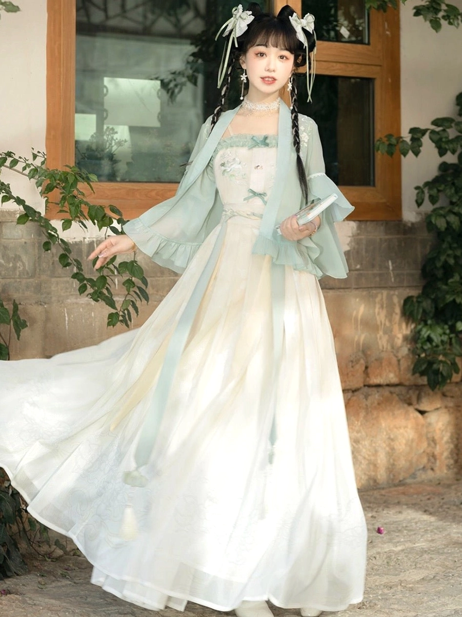 Side view of modern Song Dynasty-inspired Hanfu outfit with mint green cardigan flowing floor-length skirt waist sash and windblown hem