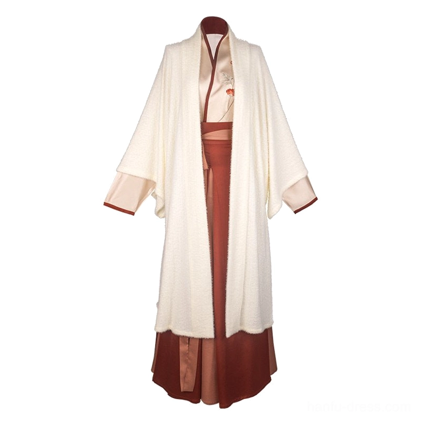Modern Song Dynasty Hanfu outer coat and wrap skirt set displayed on a mannequin, featuring an oversized ivory fuzzy jacket, burgundy satin skirt, contrast lining, and matching cuff trim