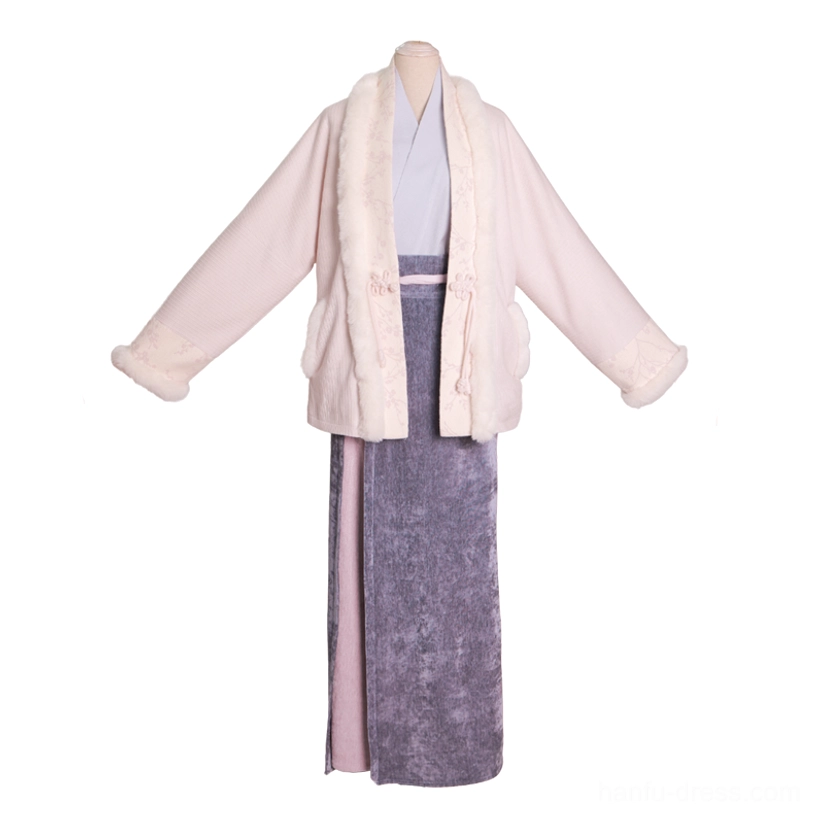 Full mannequin display of complete modern Song Dynasty hanfu outfit with winter coat winged sleeve top and elegant wrap skirt