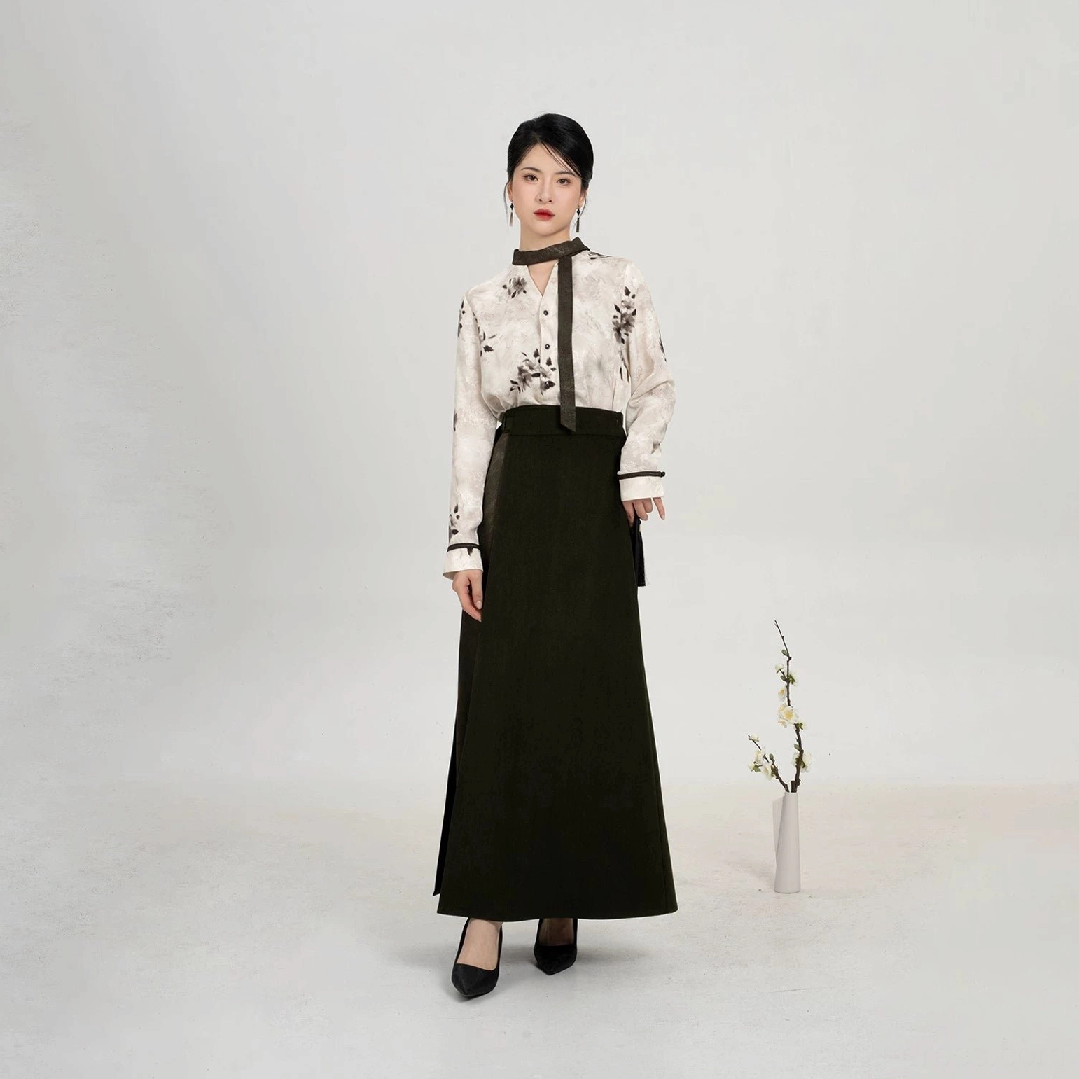 Full-body modern Song Dynasty Hanfu set with slim tailored silhouette, ivory ink plum top, and elegant neutral color palette