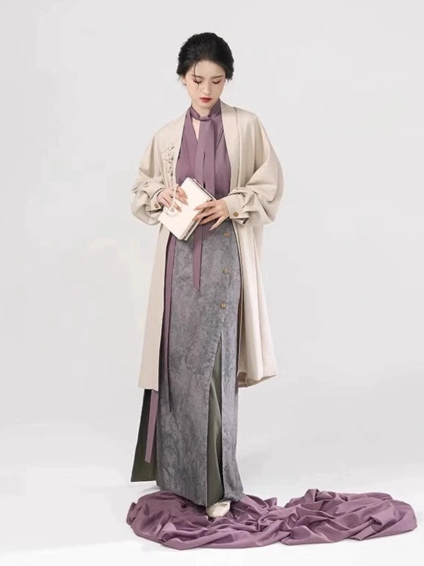 Full length modern Song Dynasty Hanfu set featuring an ivory embroidered long jacket, purple winged sleeve top, and printed wrap skirt