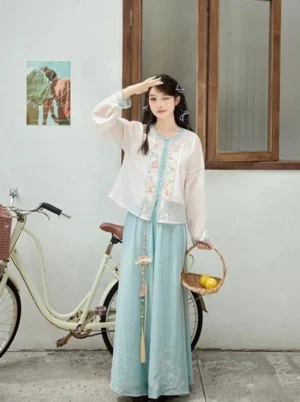 Side view of a modern Song Dynasty hanfu outfit with a light embroidered round-neck top, pale blue flowing lower garment, and elegant traditional Chinese styling
