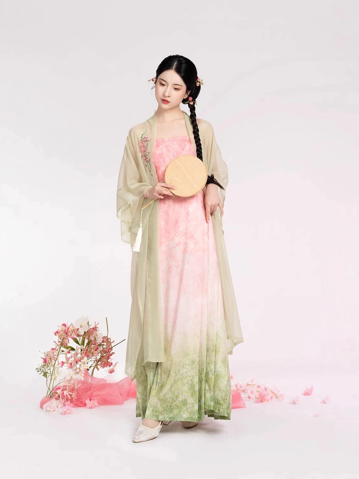 Full-body front view of modern Song Dynasty Hanfu with a light green translucent beizi jacket, peach-to-willow gradient dress, and white Hanfu shoes
