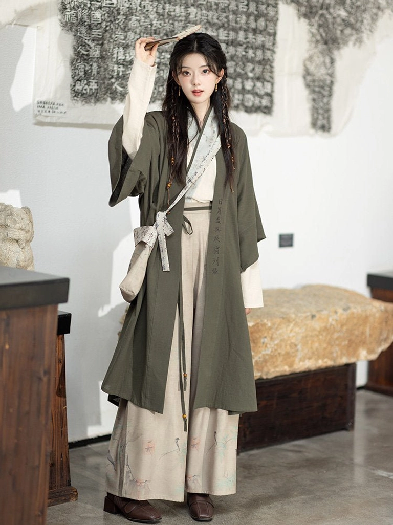Modern Song Dynasty Hanfu full set with olive green cardigan beige inner top and crane print wide-leg pants front view