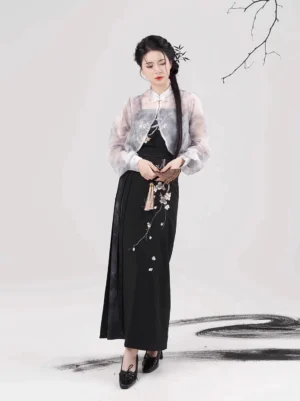 Full-body front view of a modern Song Dynasty hanfu outfit with black plum blossom embroidered spiral skirt, cropped coat, black hanfu shoes, and tasseled folding fan