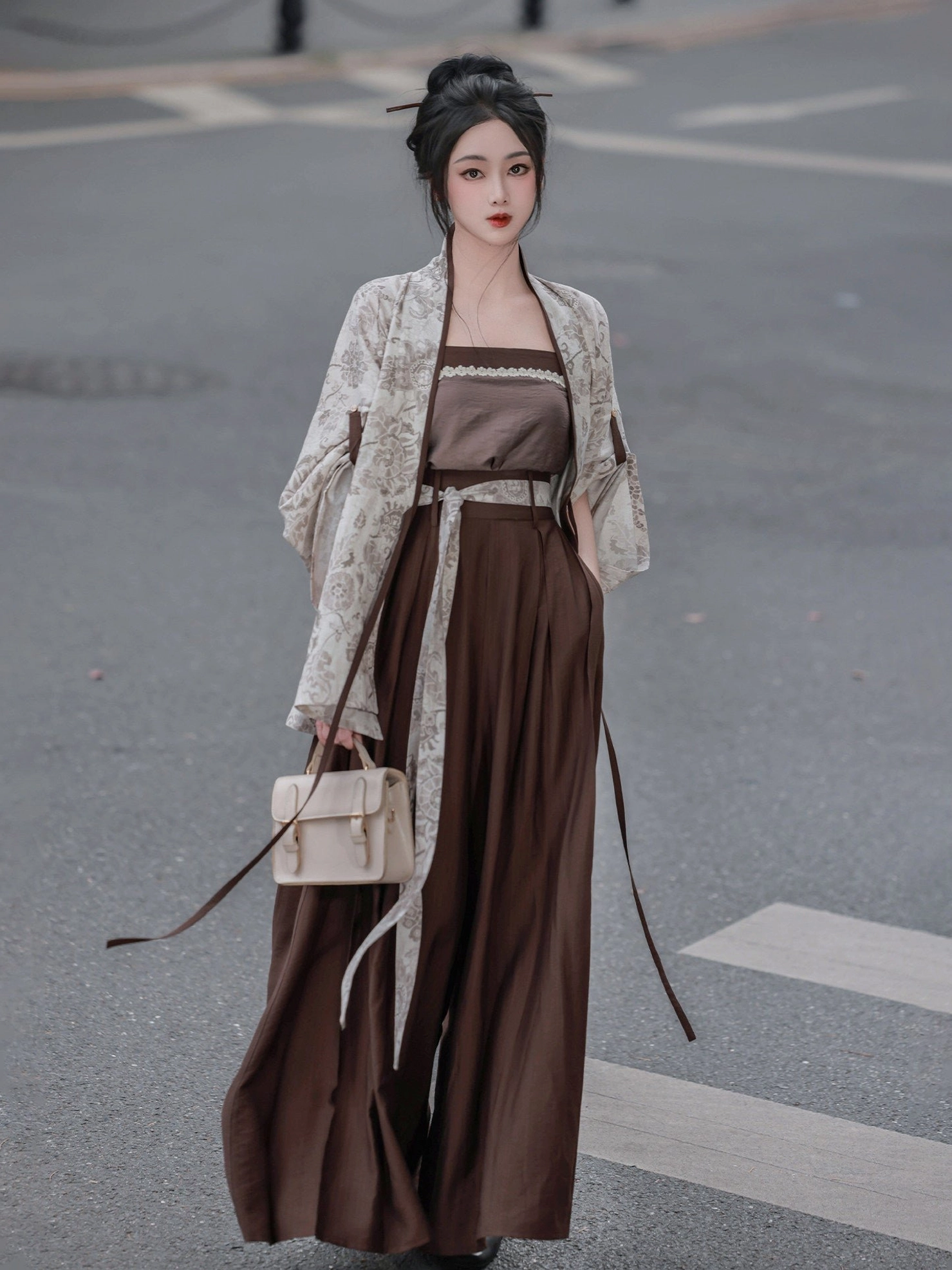 Back side view of modern Song Dynasty Hanfu printed cardigan and coffee brown wide-leg pants outfit