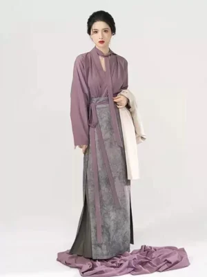 Modern Song Dynasty Hanfu full set with dusty purple winged sleeve top, ivory embroidered jacket, and grey pleated wrap skirt front view