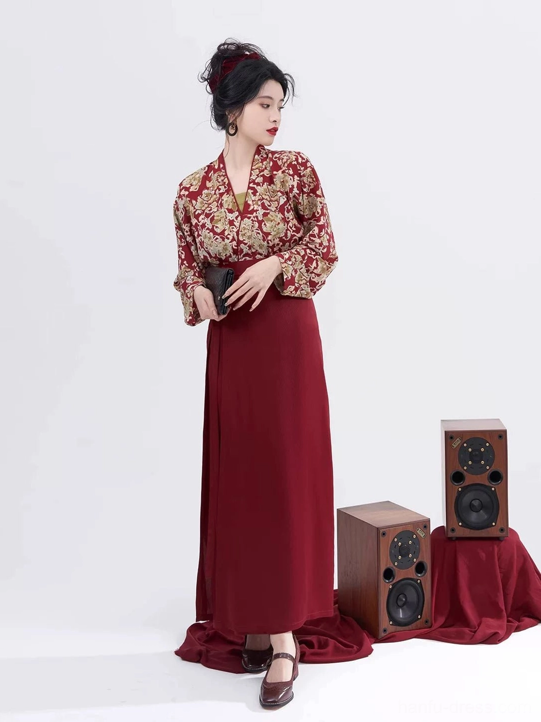 Modern Song Dynasty Hanfu set in wine red with gold floral winged-sleeve top and long deep red wrap skirt