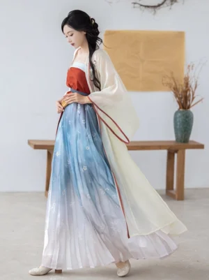 Full body side view of a woman wearing a modern Song Dynasty Hanfu set with cream embroidered cardigan, burgundy camisole, and blue white gradient pleated skirt