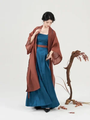 Modern Song Dynasty Hanfu full set with teal blue jacquard dress and reddish brown embroidered sheer outer robe shown from the front