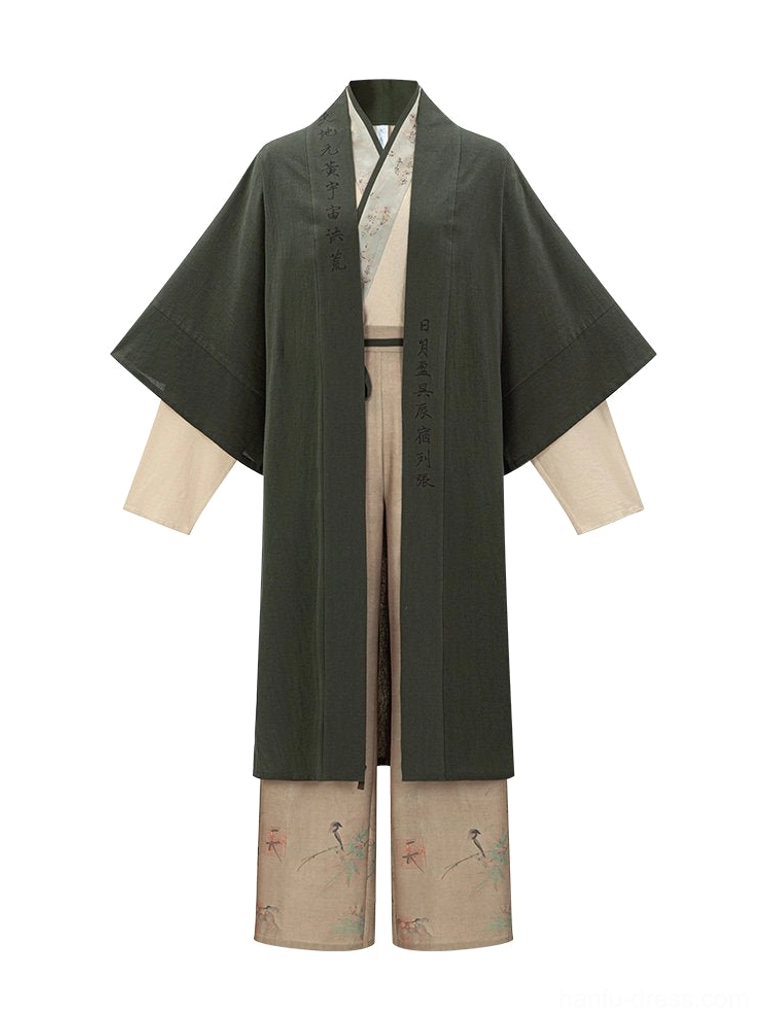 Modern Song Dynasty Hanfu three-piece set flat lay with olive cardigan beige top and printed wide-leg pants