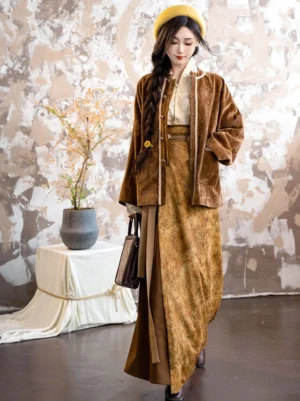 Full-body side view of a modern Song-style hanfu velvet jacket styled with a yellow hanfu skirt, cream inner top, long braid, and beret