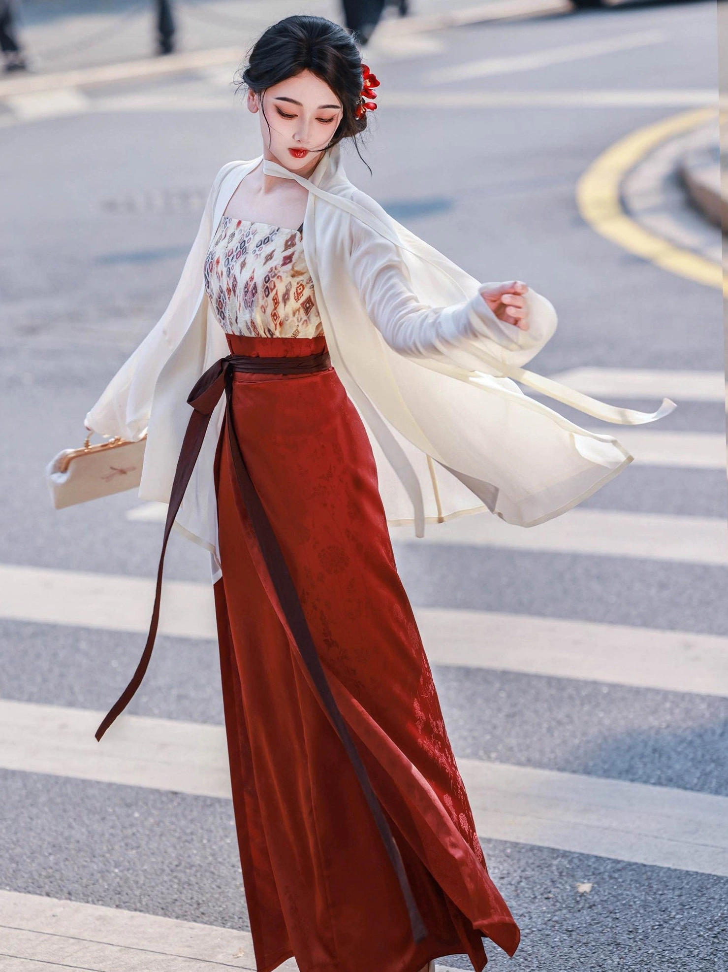 Dynamic three-quarter view of a modern Song Dynasty Hanfu dress with fluttering sheer wing sleeves and a long high-waisted wrap skirt