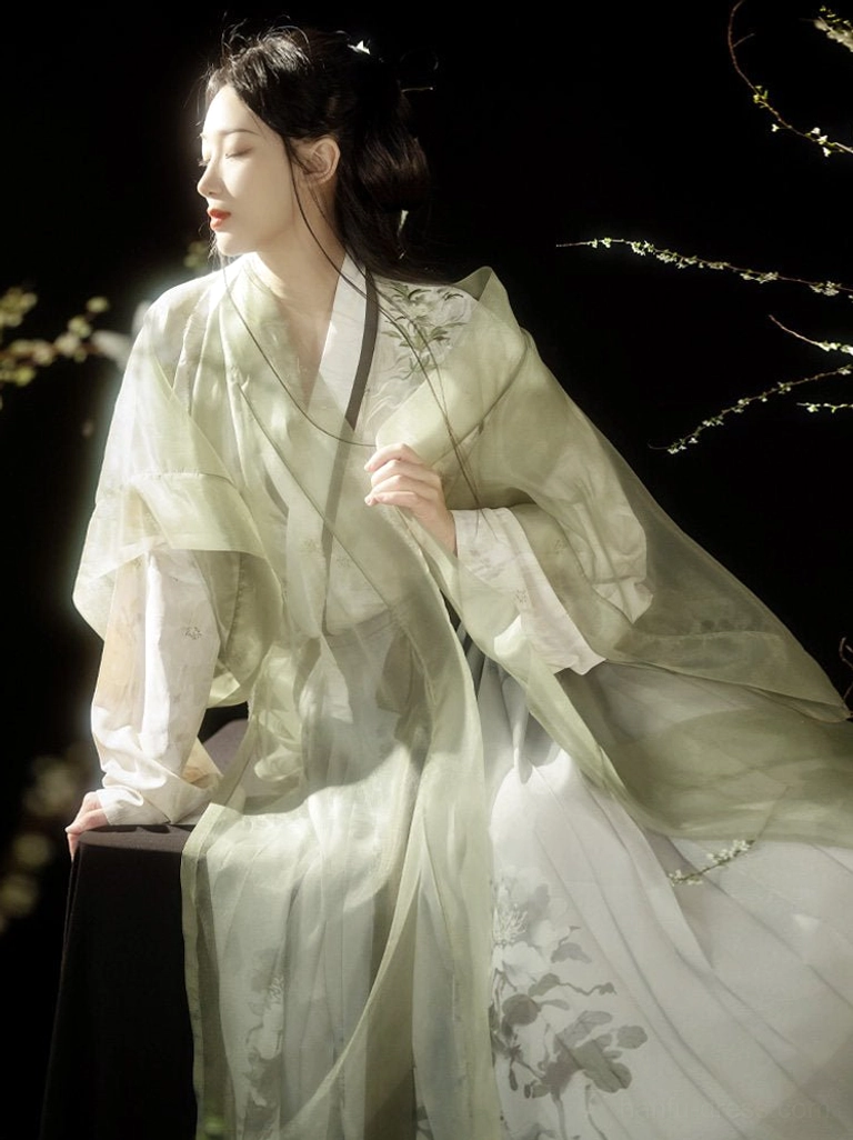 Front sitting view of a modern Song Dynasty ink-style Hanfu set with draped sheer Beizi jacket and delicate floral patterns