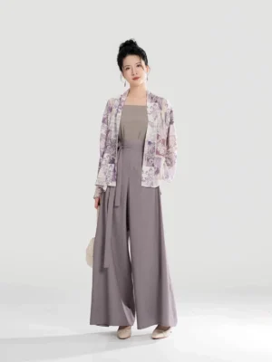 Modern Song Dynasty Hanfu outfit shown from the front with an open-front purple printed cardigan and coordinated neutral wide-leg pants