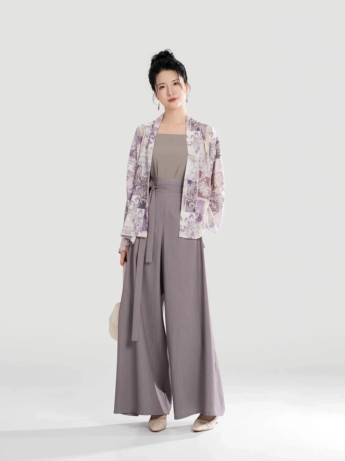 Modern Song Dynasty Hanfu outfit shown from the front with an open-front purple printed cardigan and coordinated neutral wide-leg pants