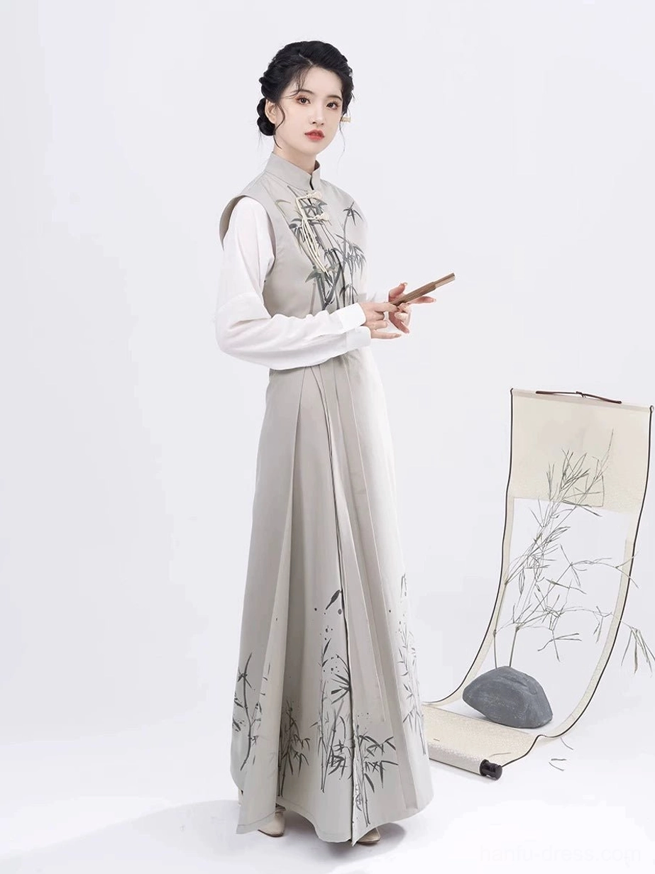 Side view of a modern Song-style Hanfu outfit featuring a stand-up collar Majia vest, bamboo patterned wrap skirt, and graceful layered silhouette