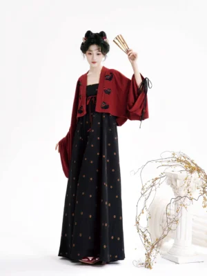 Modern Tang Dynasty Hanfu outfit with black floral long slip dress burgundy cropped cardigan and folding fans front view