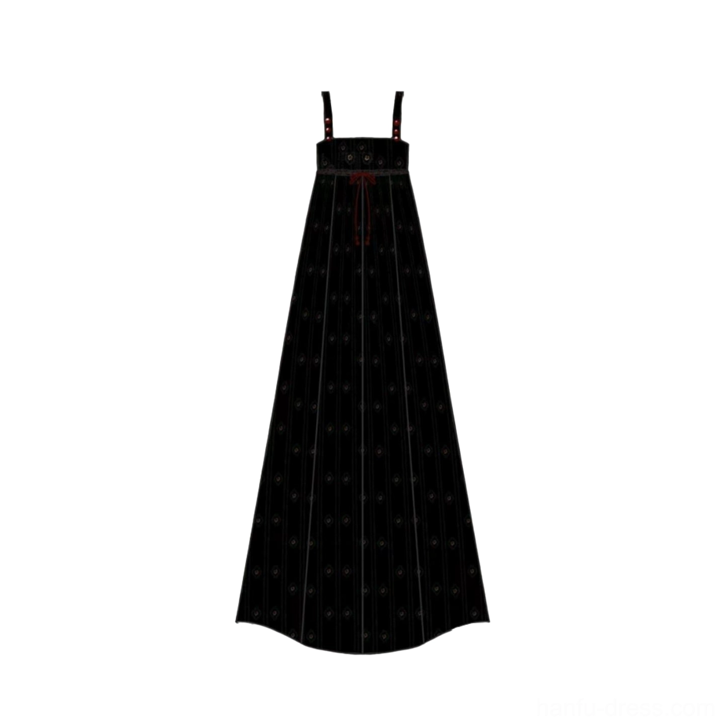 Flat lay of black floral modern Tang Dynasty Hanfu spaghetti strap slip dress with red neckline trim