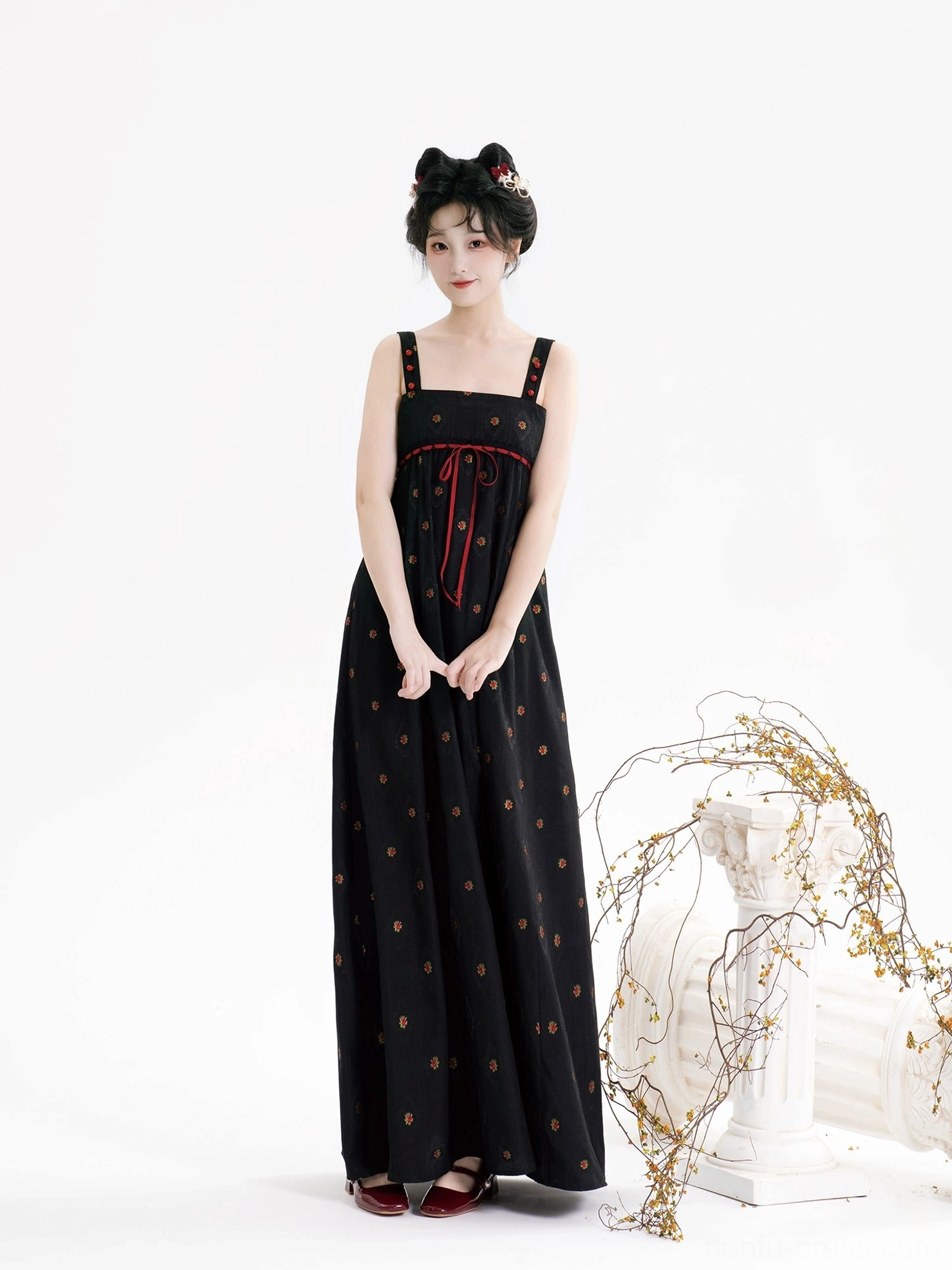 Black floral modern Tang Dynasty Hanfu spaghetti strap dress with red neckline trim front full length view