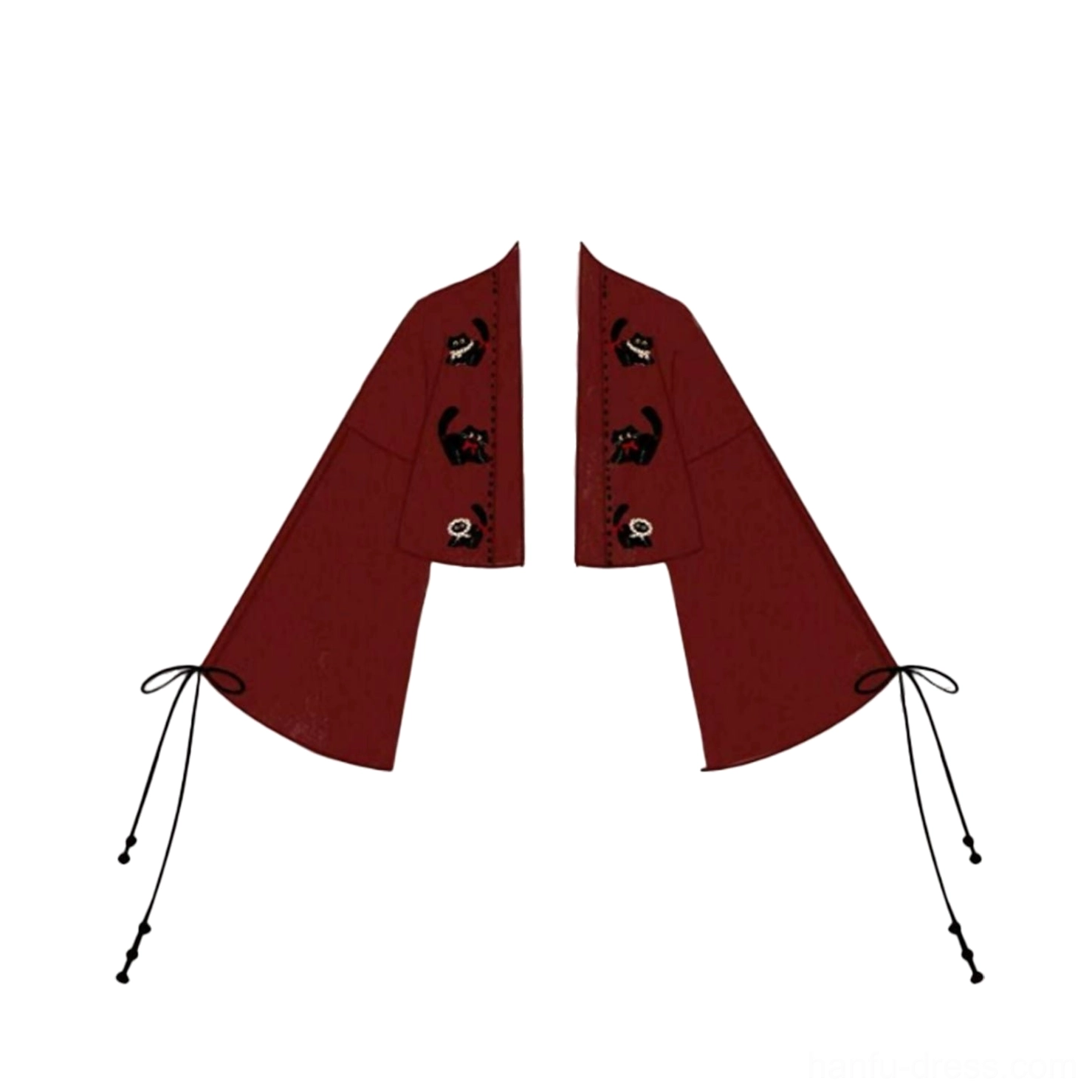 Burgundy modern Tang Dynasty Hanfu cropped cardigan with black cat embroidery and tassel tie cuffs flat lay