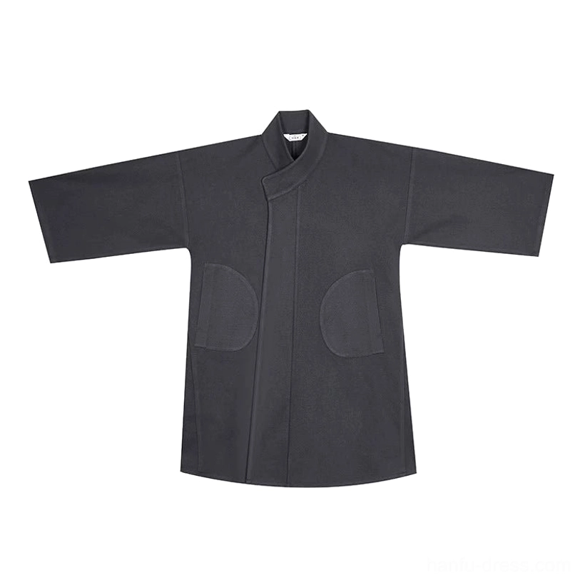 Charcoal grey Tang Dynasty Hanfu overcoat flat lay with traditional inspired crossover styling and front patch pockets