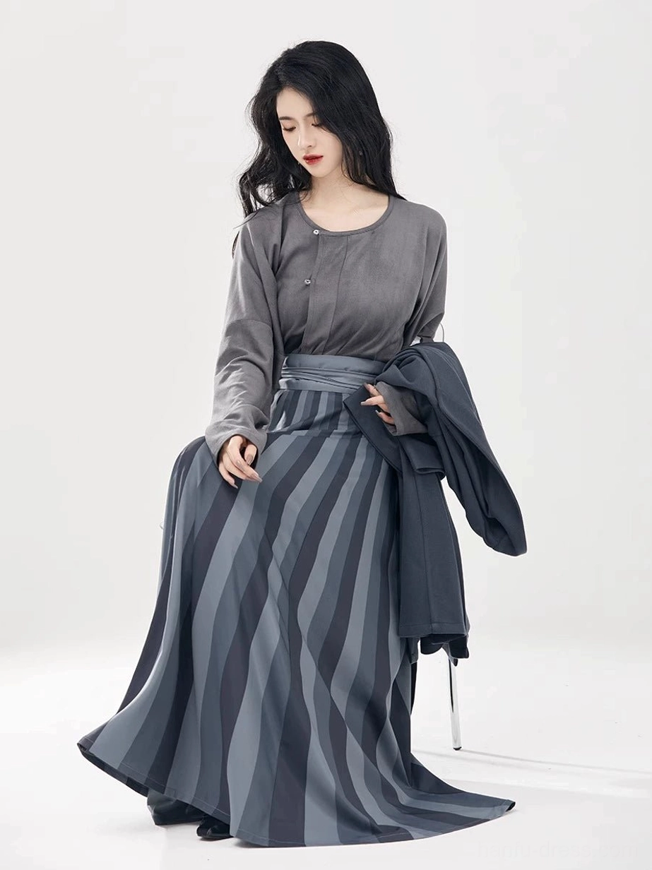 Modern Tang Dynasty Hanfu set in charcoal with striped wrap skirt and layered traditional Chinese clothing silhouette