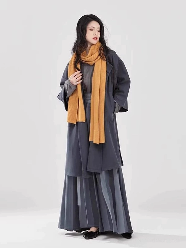 Three quarter front view of Tang Dynasty inspired Hanfu set with grey layered coat and mustard yellow scarf