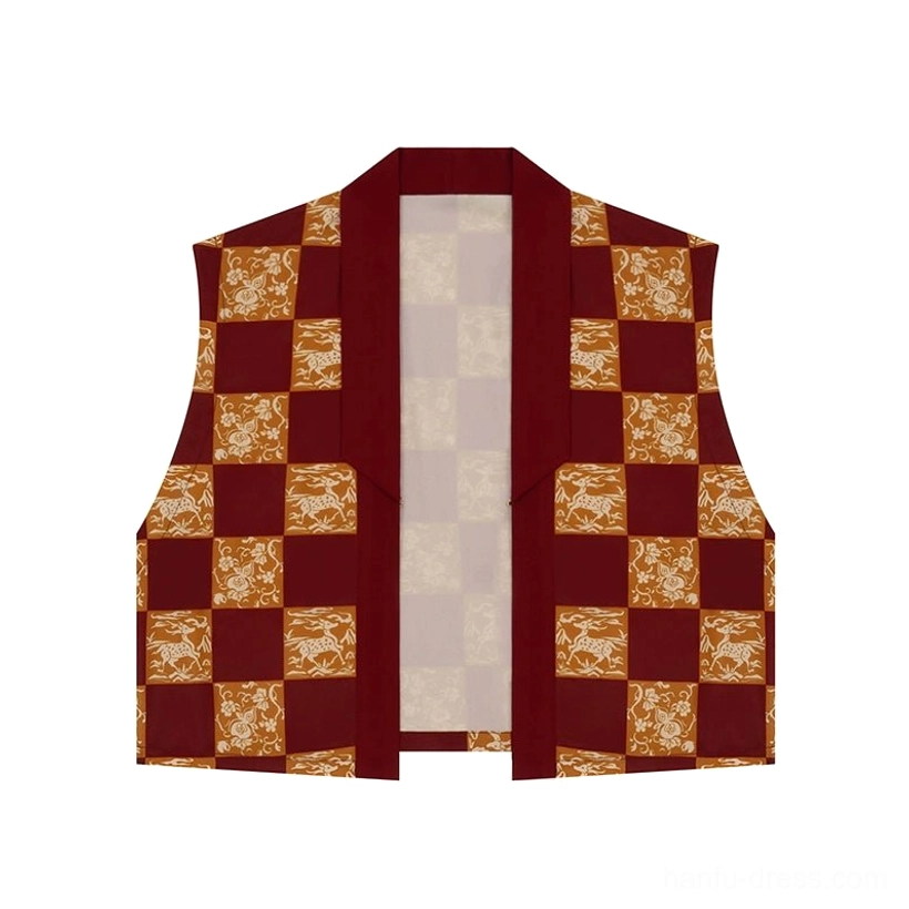 Flat lay front view of burgundy trimmed checkered beizi vest for modern Tang Dynasty Hanfu outfit