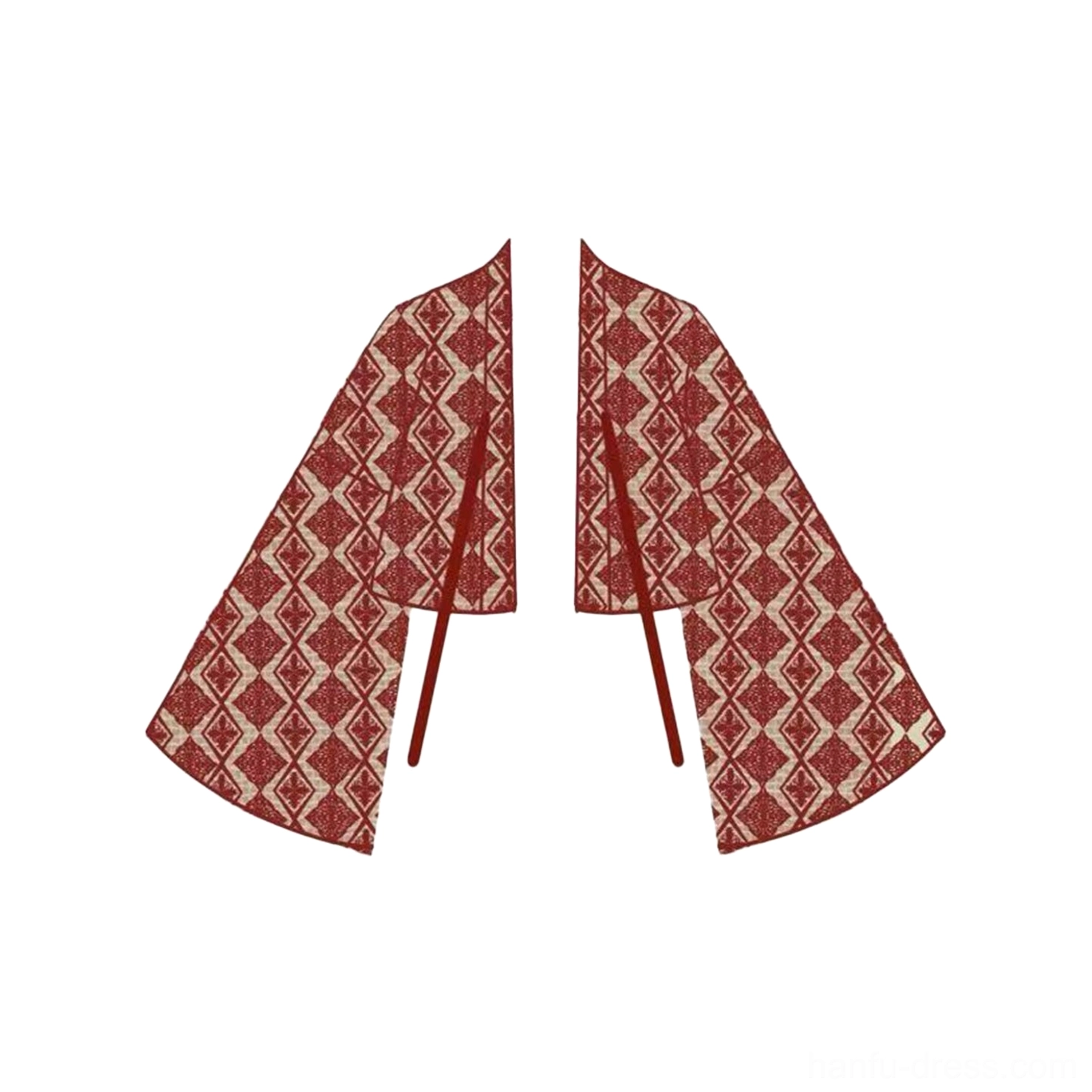 Flat lay view of the cropped modern Tang Dynasty Hanfu cardigan with split front panels, red and white diamond print, wide sleeves, and matching sash ties