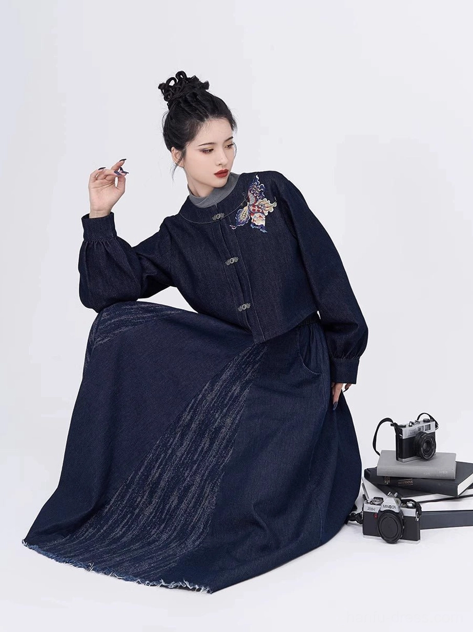 Modern Tang Dynasty Hanfu denim outfit showing round collar frog buttons washed skirt panels and high-waisted silhouette