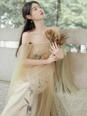 Front three quarter view of a modern Tang Dynasty Hanfu dress with dusty beige chiffon cape, off shoulder neckline, and ink wash bamboo print worn in a traditional Chinese garden