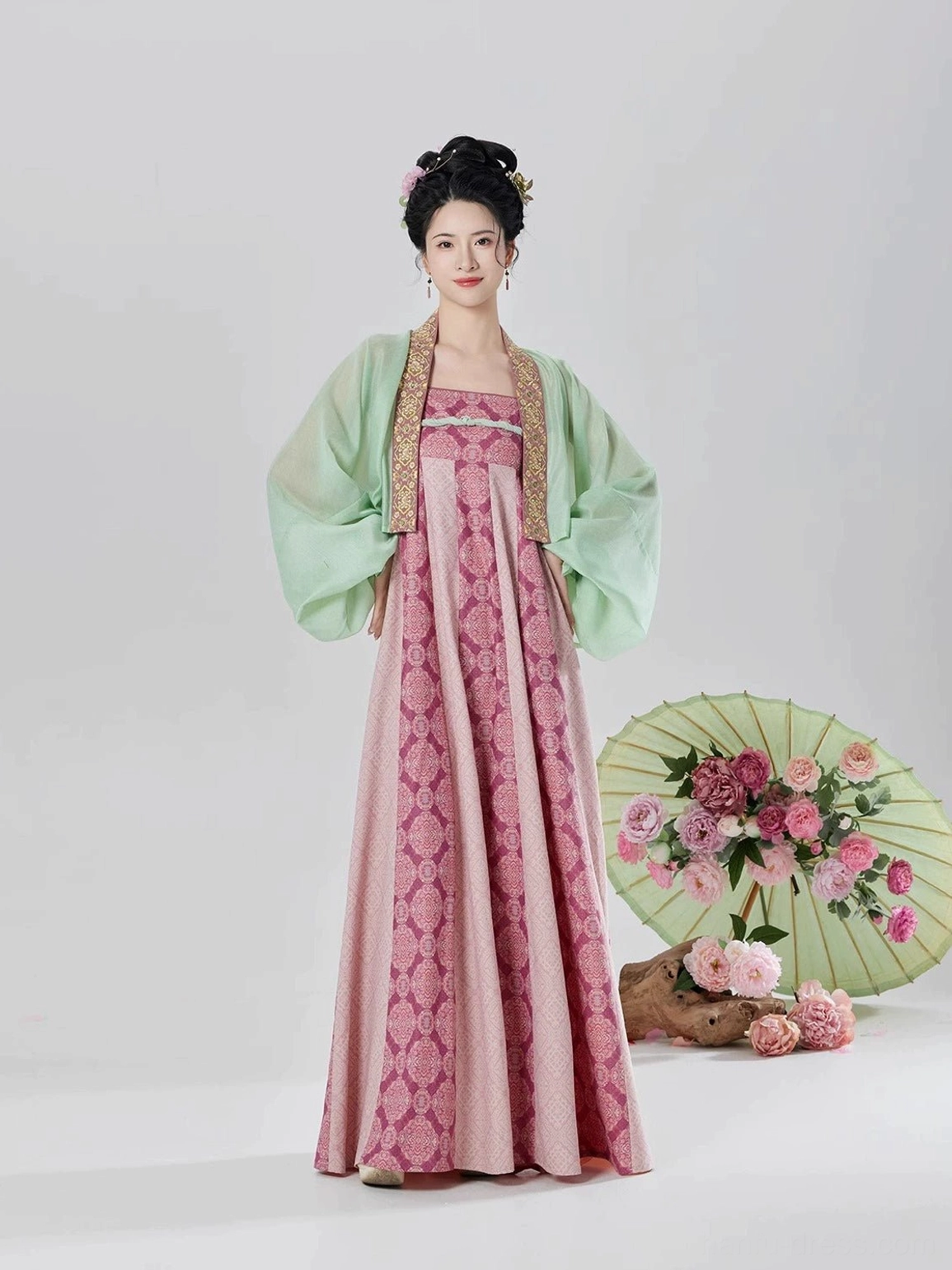 Full front view of pink floral modern Tang Dynasty Hanfu dress with mint green sheer outer cardigan