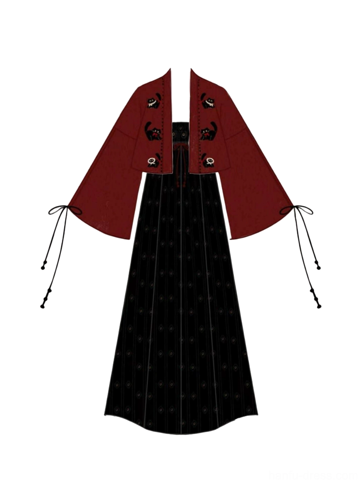Flat lay of modern Tang Dynasty Hanfu black floral slip dress and burgundy black cat embroidered cropped cardigan