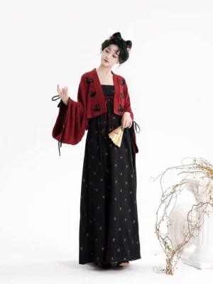 Modern Tang Dynasty Hanfu floral black slip dress with burgundy black cat embroidered cropped cardigan front three quarter view