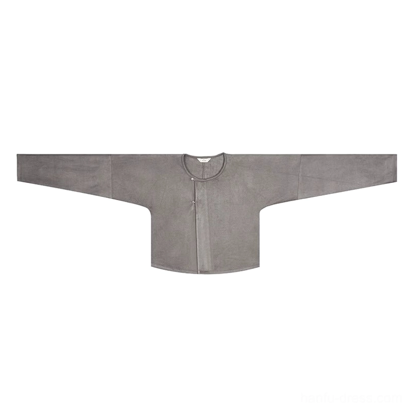 Grey round collar inner top for modern Tang Dynasty Hanfu set shown in flat lay with front button detail