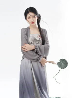 Modern Tang Dynasty Hanfu lotus print slip dress set with ombre grey white flowing maxi skirt