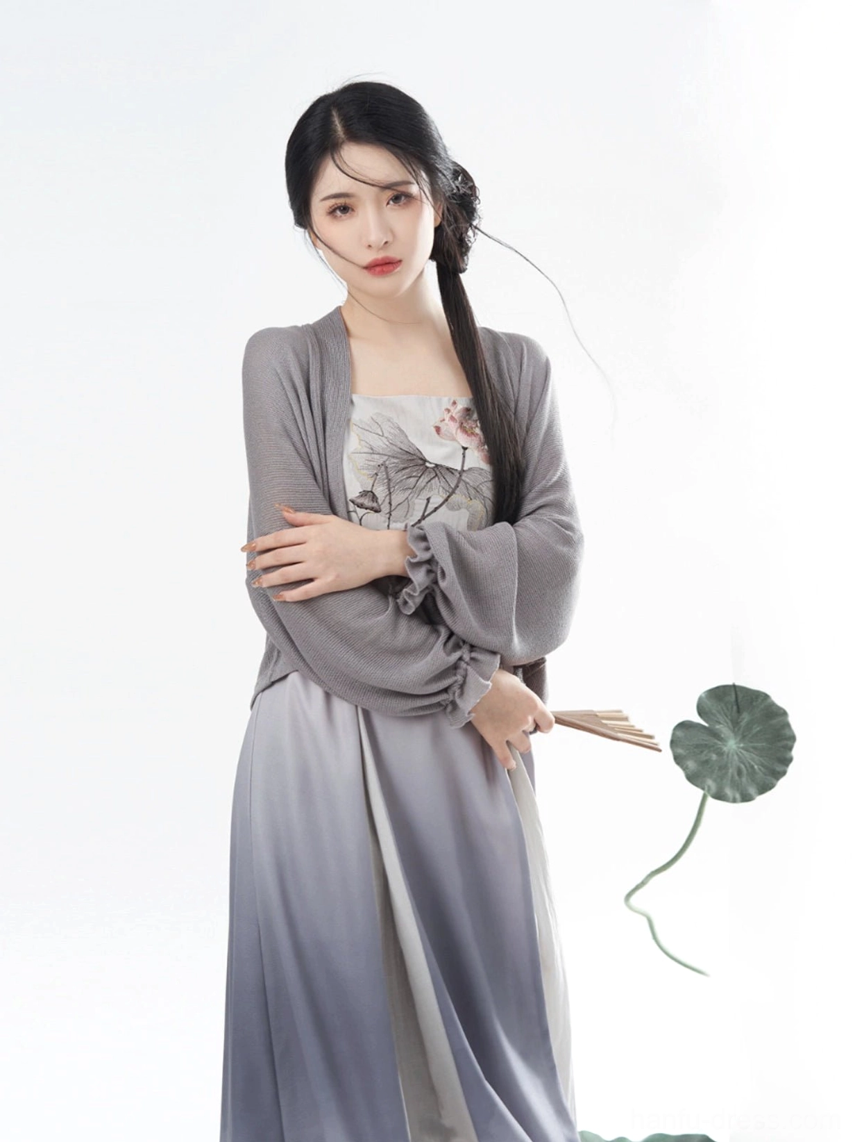 Modern Tang Dynasty Hanfu lotus print slip dress set with ombre grey white flowing maxi skirt