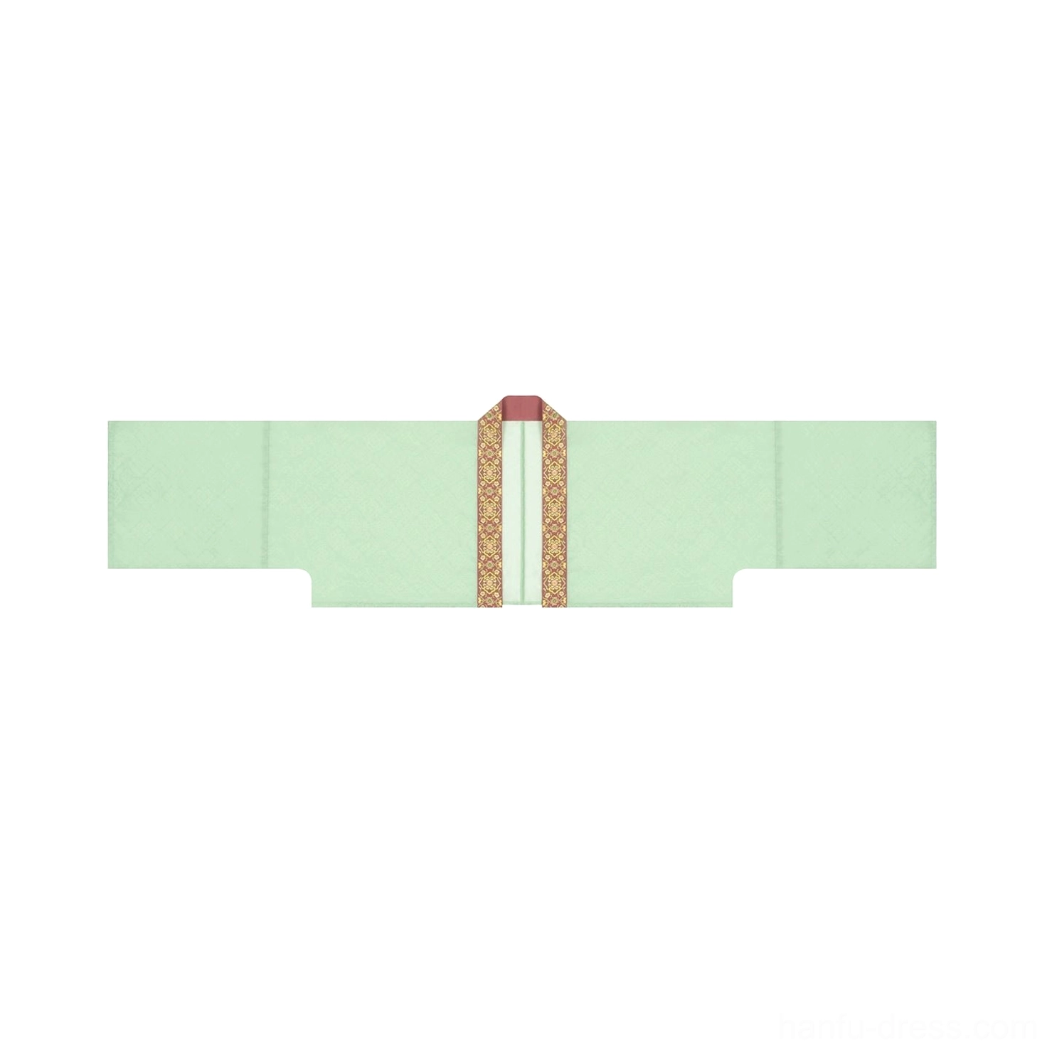 Flat lay design view of the mint green translucent Tang Dynasty Hanfu cardigan with decorative embroidered front trim