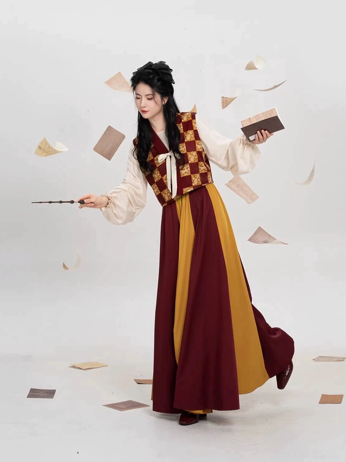 Dynamic full body view of modern Tang Dynasty Hanfu set with patterned vest cream lantern sleeve top and flowing eight-panel skirt