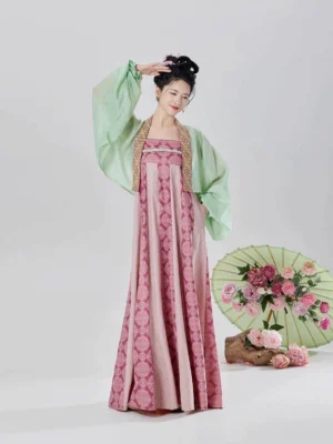 Side view of modern Tang Dynasty Hanfu slip dress set showing the flowing long skirt and airy translucent cardigan drape