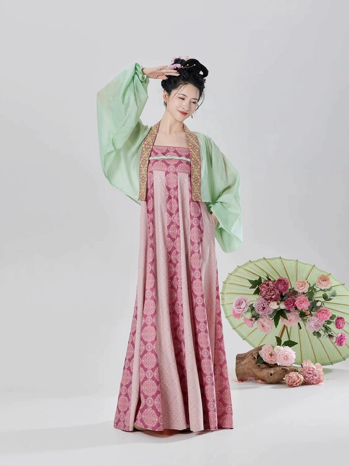Side view of modern Tang Dynasty Hanfu slip dress set showing the flowing long skirt and airy translucent cardigan drape